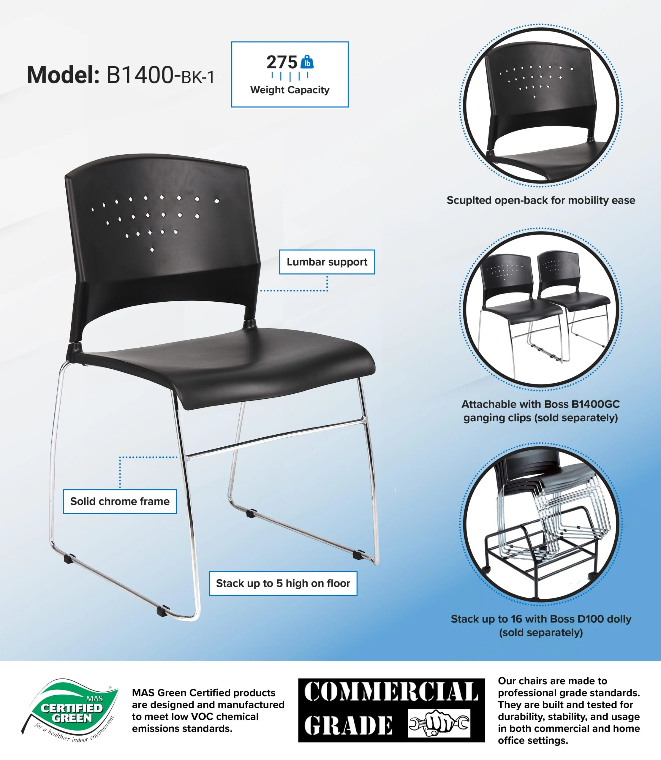 Boss Black Stack Chair With Chrome Frame, 4-Pack [B1400-BK-4] - Image 7