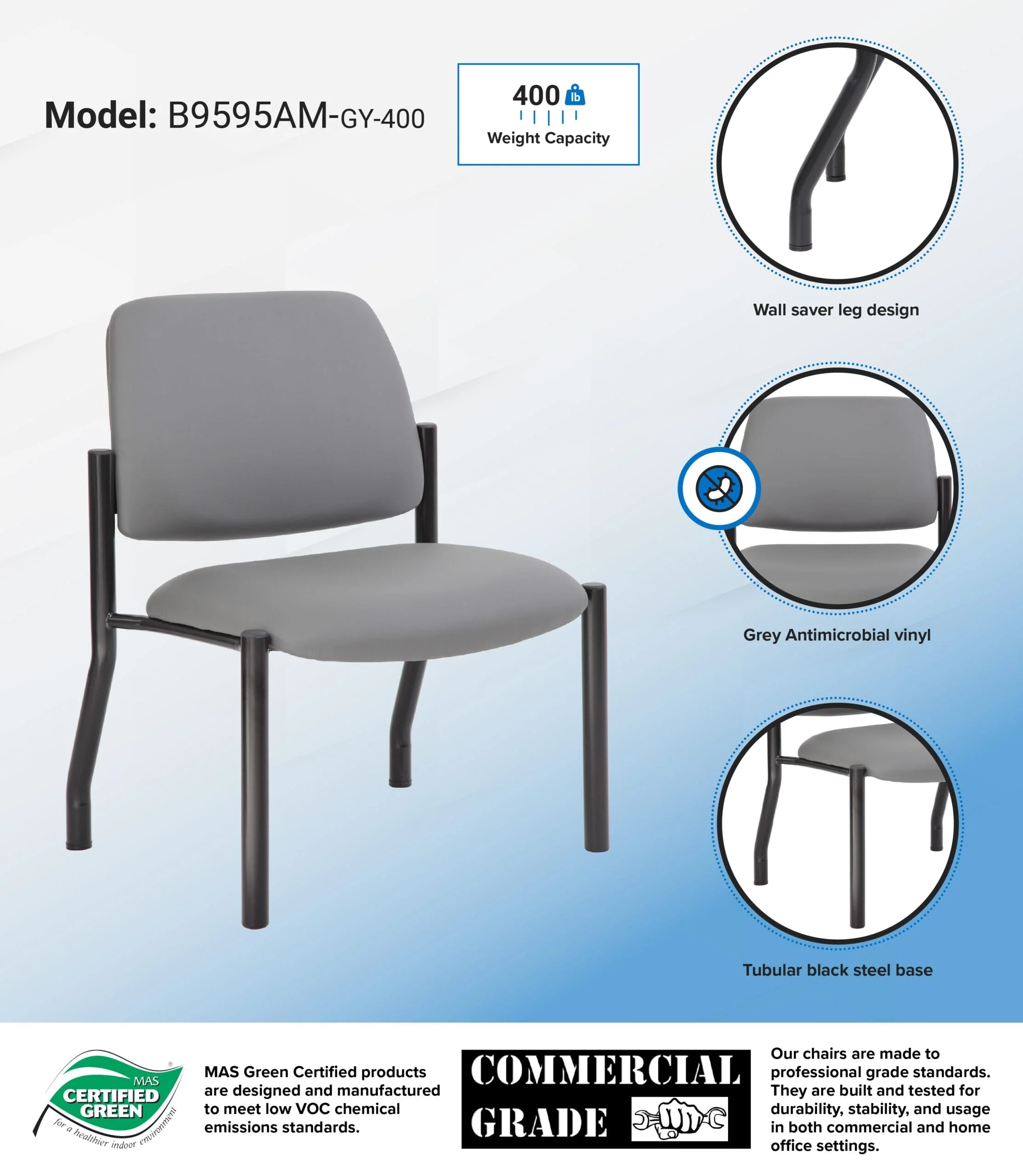 Boss Armless Guest Chair 400 lb Weight Capacity, Antimicrobial Grey Vinyl [B9595AM-GY-400] - Image 5