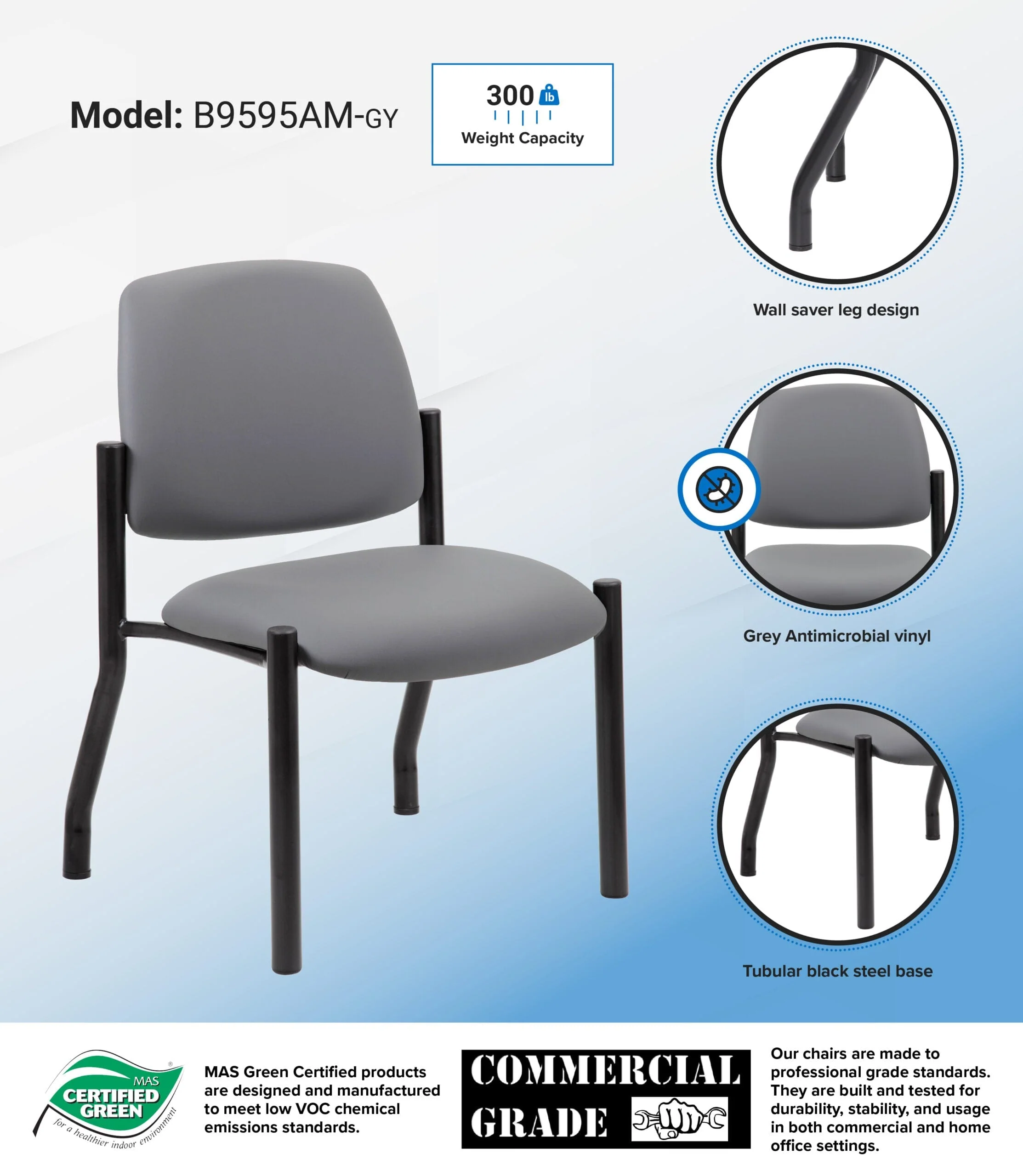 Boss Armless Guest Chair 300 lb Weight Capacity, No Arms [B9595AM-GY] - Image 5