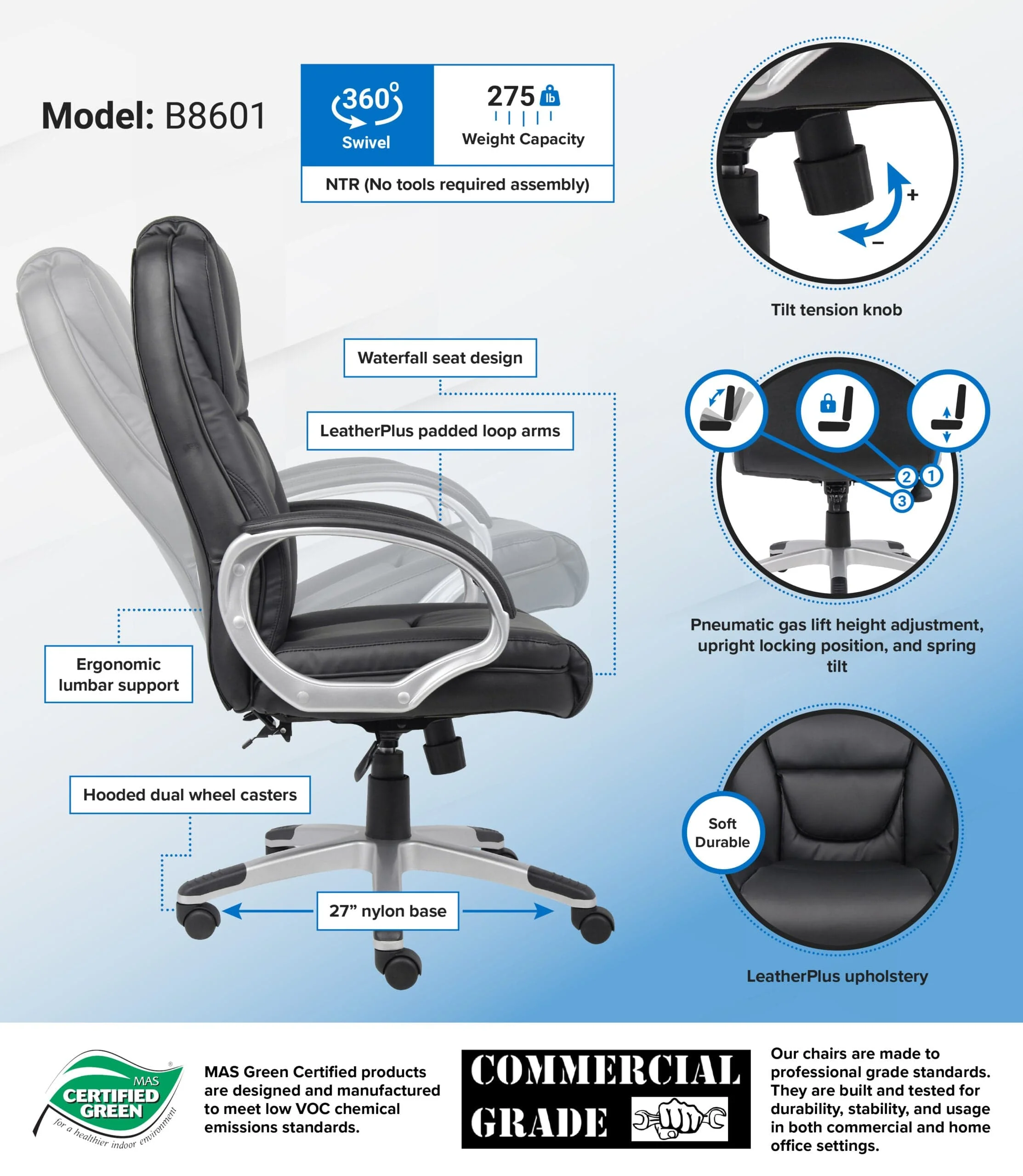 Boss Fully Assembled* Executive LeatherPlus Chair [B8601] - Image 6