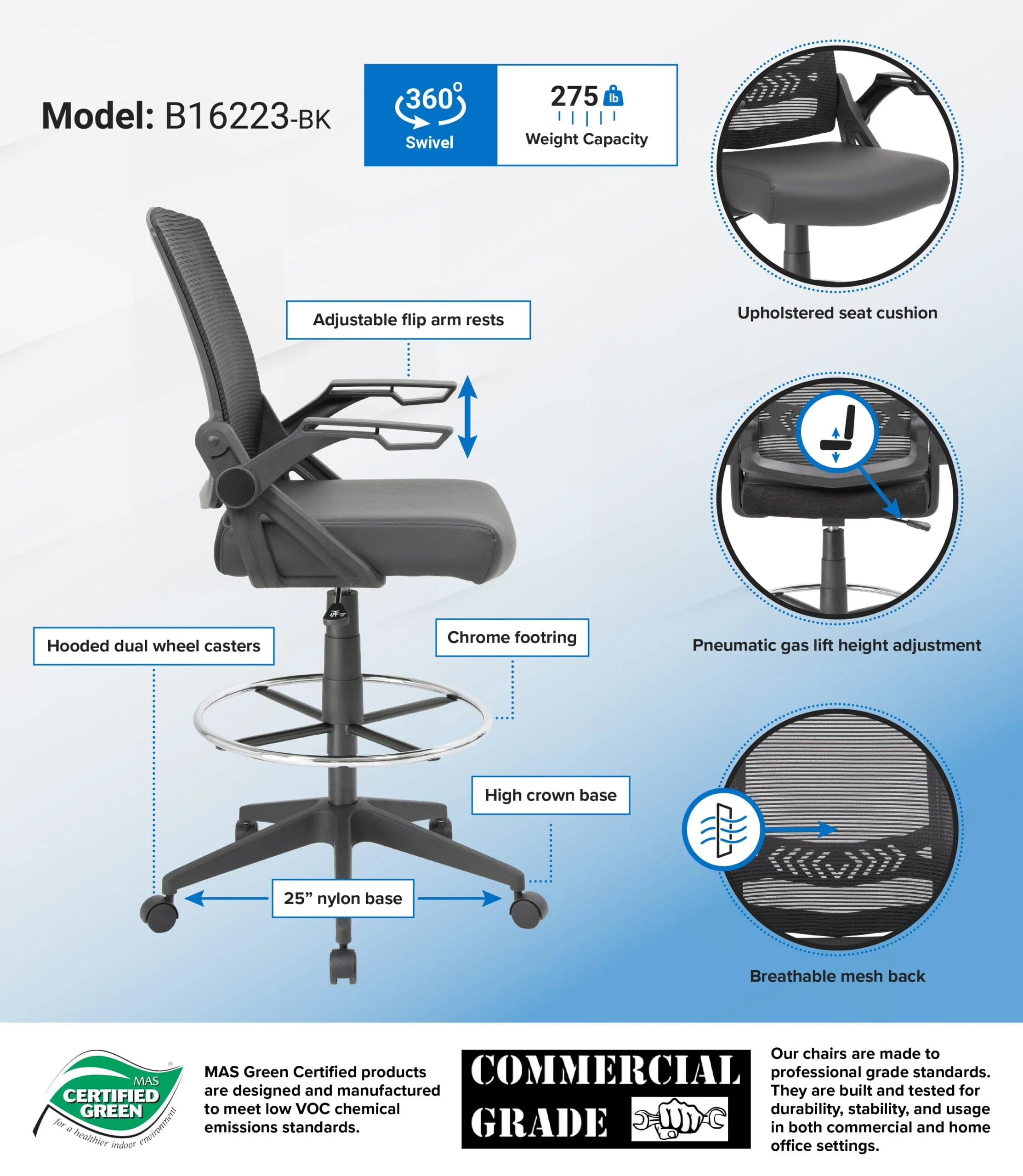 Boss Mesh Drafting Stool with Flip Arms [B16223-BK] - Image 7