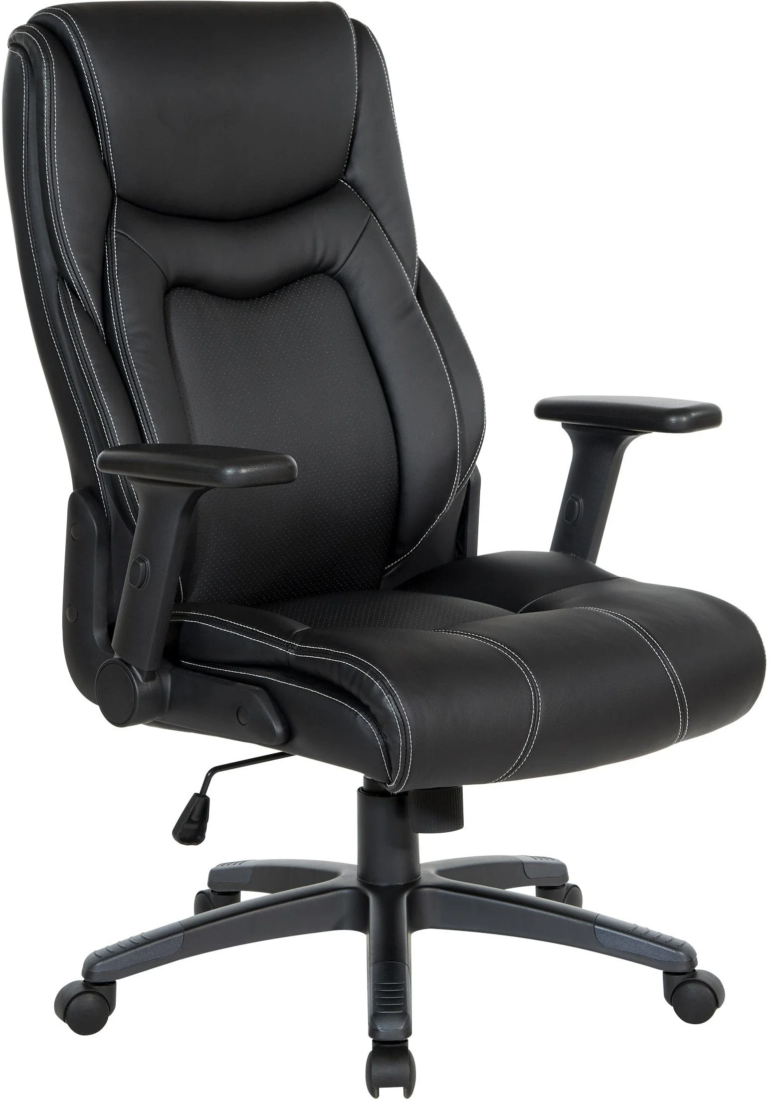 Office Star Exec Bonded Leather Office Chair with Height Adjustable Flip Arms and White Stitching [EC93580]