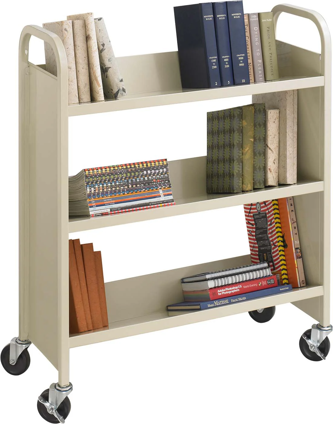 Steel Single-Sided Book Cart 3 Shelves Tan [5358SA]